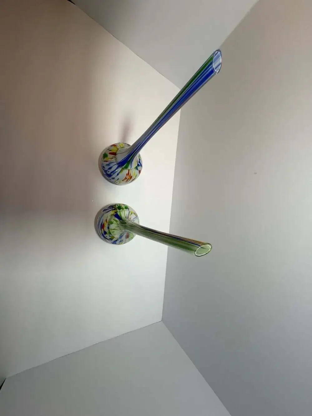 Vintage Hand Blown Glass Long Neck Bulb Vases Multi Color Confetti Ribbon Pair